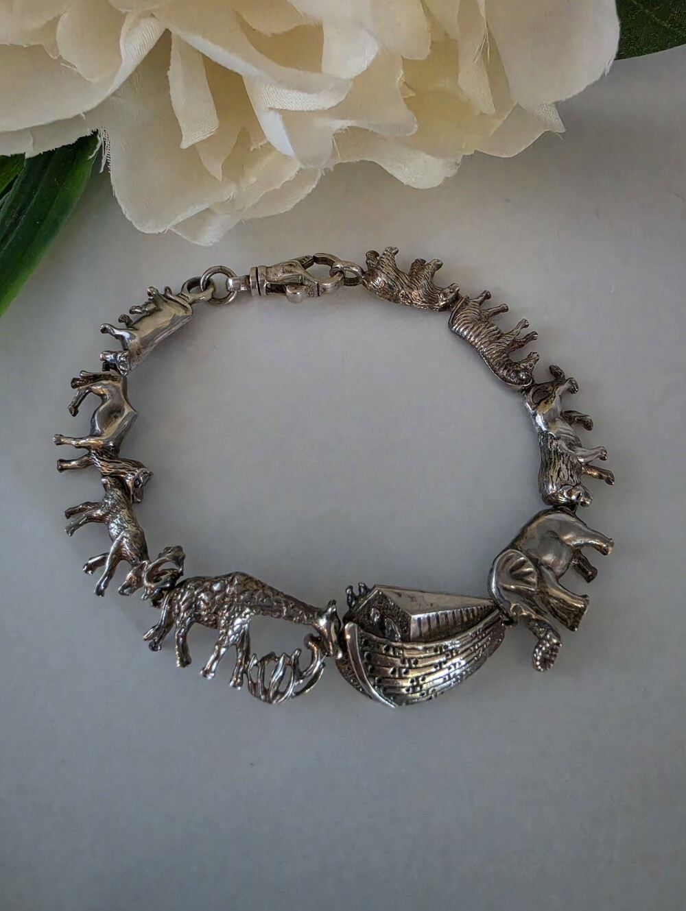 Vintage .925 Sterling Silver Noah's Ark Animals Chain Link Bracelet